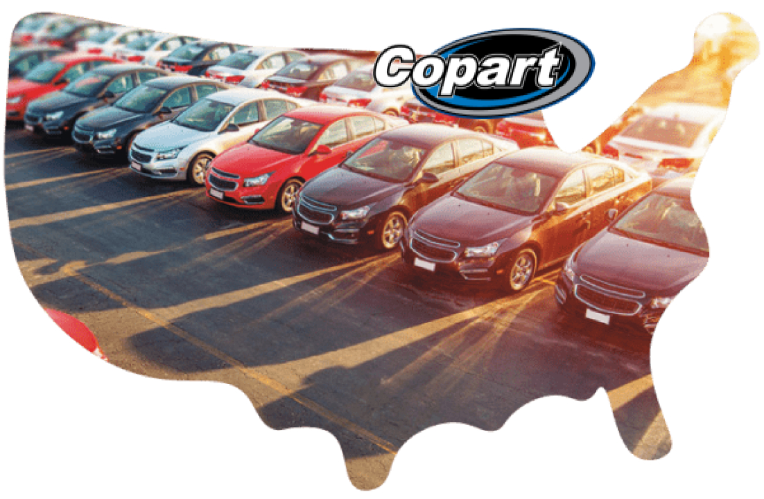 Cars on the parking and logo of Copart auction